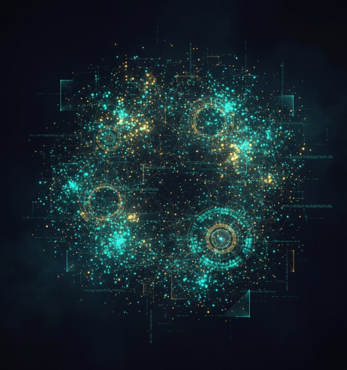 Visualization of the Cash Flow Optimizer AI engine — a neural network of teal and amber data nodes connecting financial signals across cash flow, CRM, and operations.